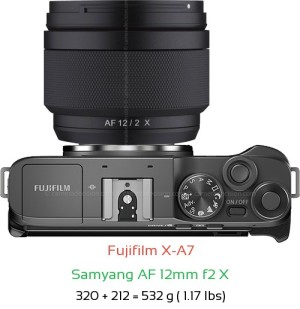 Fujifilm X-A7 with Samyang AF 12mm f2 X Lens Size