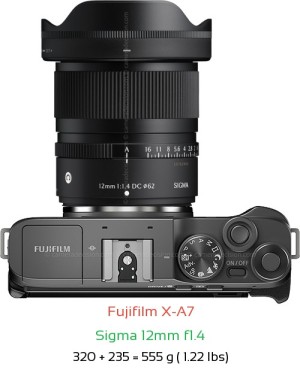 Fujifilm X-A7 with Sigma 12mm f1.4 Lens Size