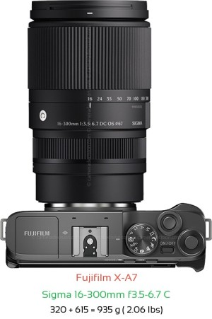 Fujifilm X-A7 with Sigma 16-300mm f3.5-6.7 C Lens Size