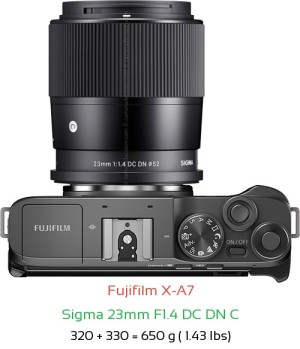 Fujifilm X-A7 with Sigma 23mm F1.4 DC DN C Lens Size