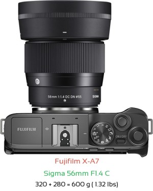Fujifilm X-A7 with Sigma 56mm F1.4 C Lens Size