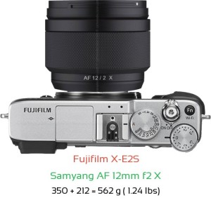 Fujifilm X-E2S with Samyang AF 12mm f2 X Lens Size