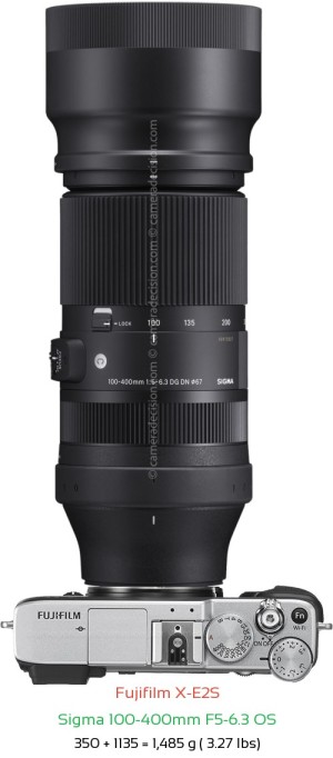 Fujifilm X-E2S with Sigma 100-400mm F5-6.3 OS Lens Size