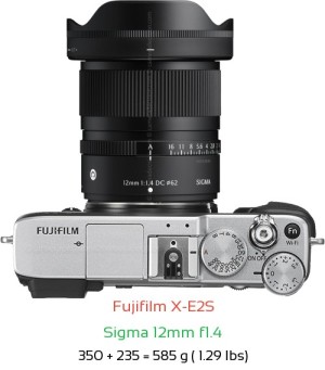 Fujifilm X-E2S with Sigma 12mm f1.4 Lens Size