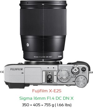 Fujifilm X-E2S with Sigma 16mm F1.4 DC DN X Lens Size