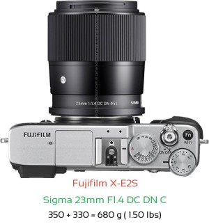 Fujifilm X-E2S with Sigma 23mm F1.4 DC DN C Lens Size