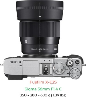 Fujifilm X-E2S with Sigma 56mm F1.4 C Lens Size