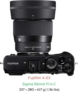 Fujifilm X-E3 with Sigma 56mm F1.4 C Lens Size