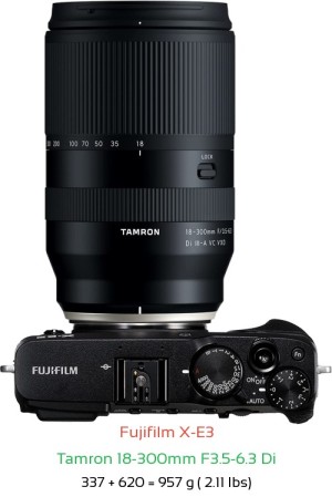 Fujifilm X-E3 with Tamron 18-300mm F3.5-6.3 Di Lens Size