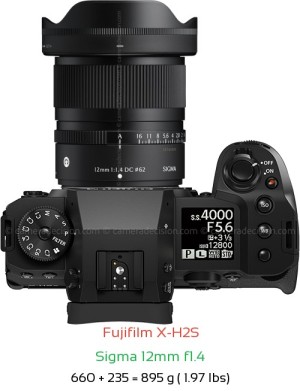 Fujifilm X-H2S with Sigma 12mm f1.4 Lens Size