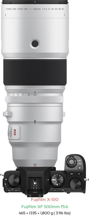 Fujifilm X-S10 with Fujifilm XF 500mm f5.6 Lens Size