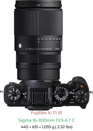 Fujifilm X-T1 IR with Sigma 16-300mm f3.5-6.7 C Lens Size