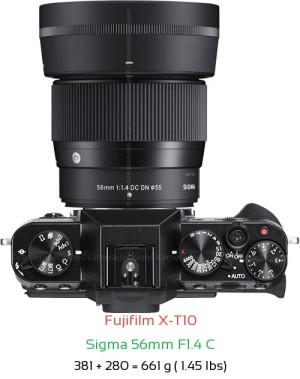 Fujifilm X-T10 with Sigma 56mm F1.4 C Lens Size