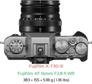 Fujifilm X-T30 III with Fujifilm XF 16mm F2.8 R WR Lens Size