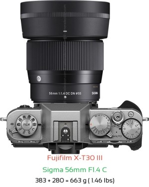 Fujifilm X-T30 III with Sigma 56mm F1.4 C Lens Size