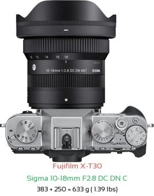 Fujifilm X-T30 with Sigma 10-18mm F2.8 DC DN C Lens Size