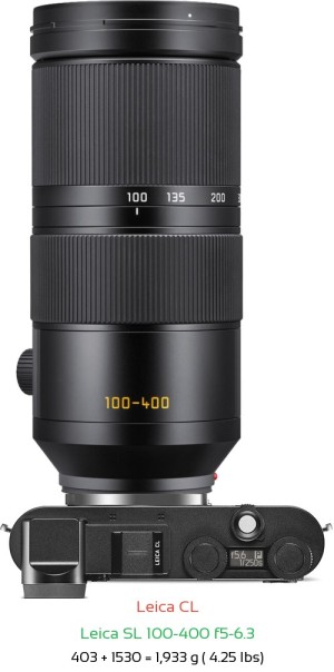Leica CL with Leica SL 100-400 f5-6.3 Lens Size