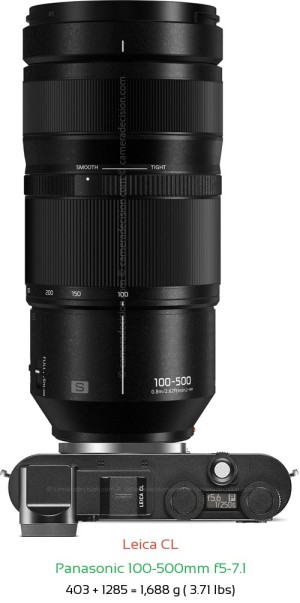 Leica CL with Panasonic 100-500mm f5-7.1 Lens Size