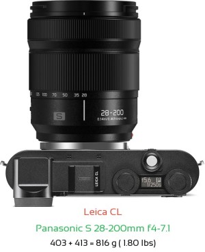 Leica CL with Panasonic S 28-200mm f4-7.1 Lens Size