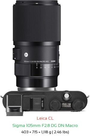 Leica CL with Sigma 105mm F2.8 DG DN Macro Lens Size