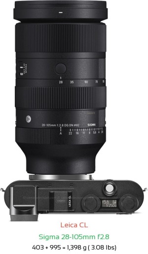 Leica CL with Sigma 28-105mm f2.8 Lens Size