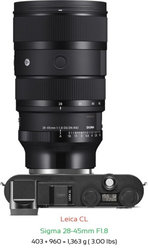 Leica CL with Sigma 28-45mm F1.8 Lens Size