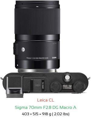 Leica CL with Sigma 70mm F2.8 DG Macro A Lens Size