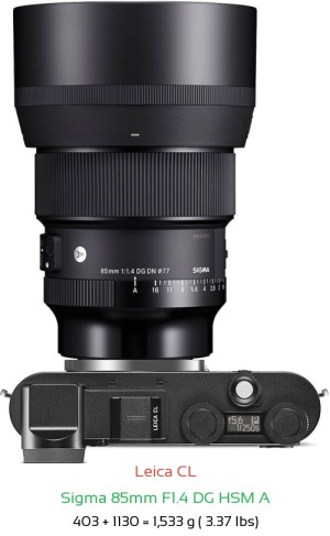 Leica CL with Sigma 85mm F1.4 DG HSM A Lens Size