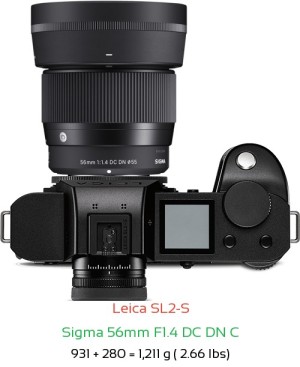 Leica SL2-S with Sigma 56mm F1.4 DC DN C Lens Size