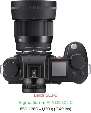 Leica SL3-S with Sigma 56mm F1.4 DC DN C Lens Size