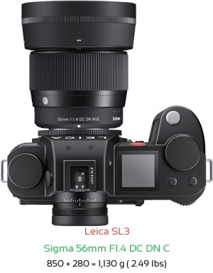 Leica SL3 with Sigma 56mm F1.4 DC DN C Lens Size