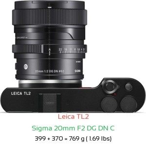 Leica TL2 with Sigma 20mm F2 DG DN C Lens Size