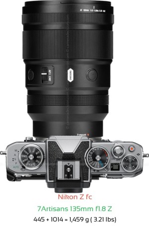 Nikon Z fc with 7Artisans 135mm f1.8 Z Lens Size