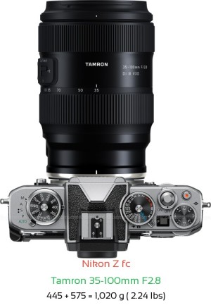 Nikon Z fc with Tamron 35-100mm F2.8 Lens Size