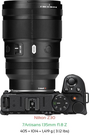 Nikon Z30 with 7Artisans 135mm f1.8 Z Lens Size