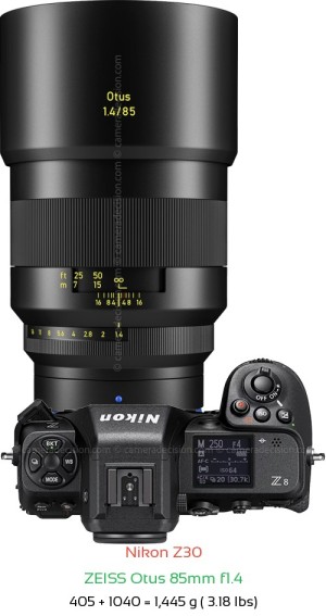 Nikon Z30 with Zeiss Otus 85mm f1.4 Lens Size