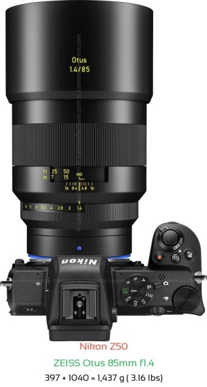 Nikon Z50 with Zeiss Otus 85mm f1.4 Lens Size