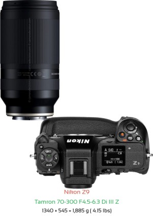 Nikon Z9 with Tamron 70-300 F4.5-6.3 Di III Z Lens Size