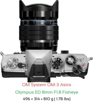 OM System OM-3 Astro with Olympus ED 8mm F1.8 Fisheye Lens Size