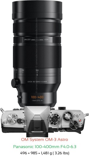 OM System OM-3 Astro with Panasonic 100-400mm F4.0-6.3 Lens Size