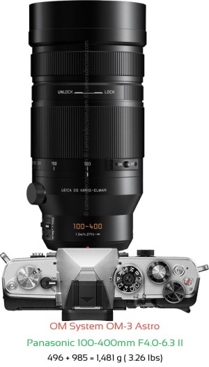 OM System OM-3 Astro with Panasonic 100-400mm F4.0-6.3 II Lens Size