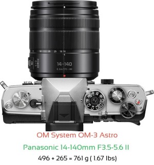 OM System OM-3 Astro with Panasonic 14-140mm F3.5-5.6 II  Lens Size