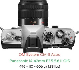 OM System OM-3 Astro with Panasonic 14-42mm F3.5-5.6 II OIS Lens Size