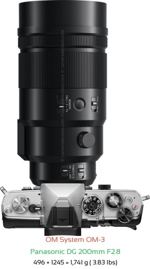OM System OM-3 with Panasonic DG 200mm F2.8 Lens Size