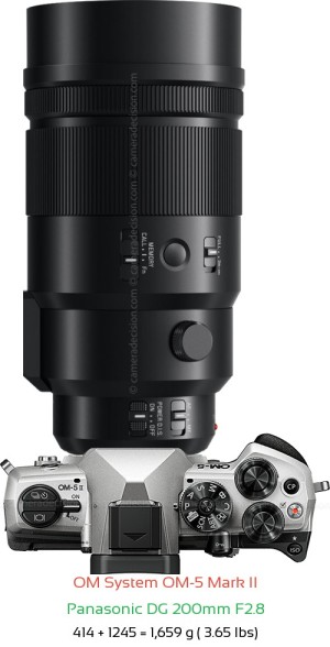 OM System OM-5 II with Panasonic DG 200mm F2.8 Lens Size