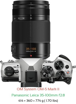 OM System OM-5 II with Panasonic Leica 35-100mm f2.8 Lens Size
