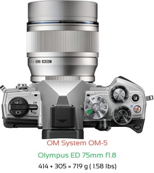 OM System OM-5 with Olympus ED 75mm f1.8 Lens Size