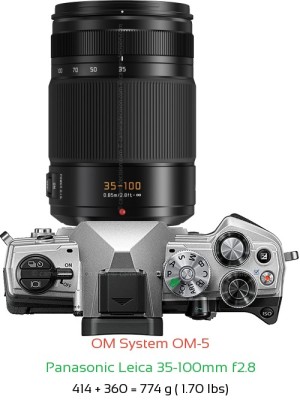 OM System OM-5 with Panasonic Leica 35-100mm f2.8 Lens Size
