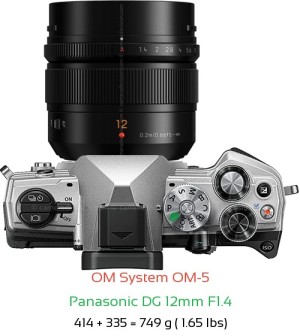 OM System OM-5 with Panasonic DG 12mm F1.4 Lens Size