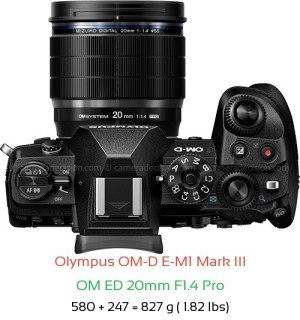 Olympus E-M1 III with OM ED 20mm F1.4 Pro Lens Size